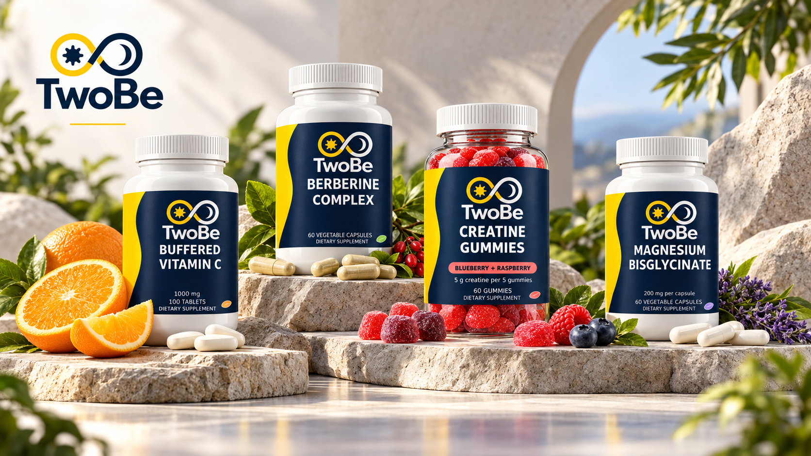 TwoBe Buffered Vitamin C, Berberine Complex, Creatine Gummies and Magnesium Bisglycinate on sunlit stone with fresh fruit and botanicals