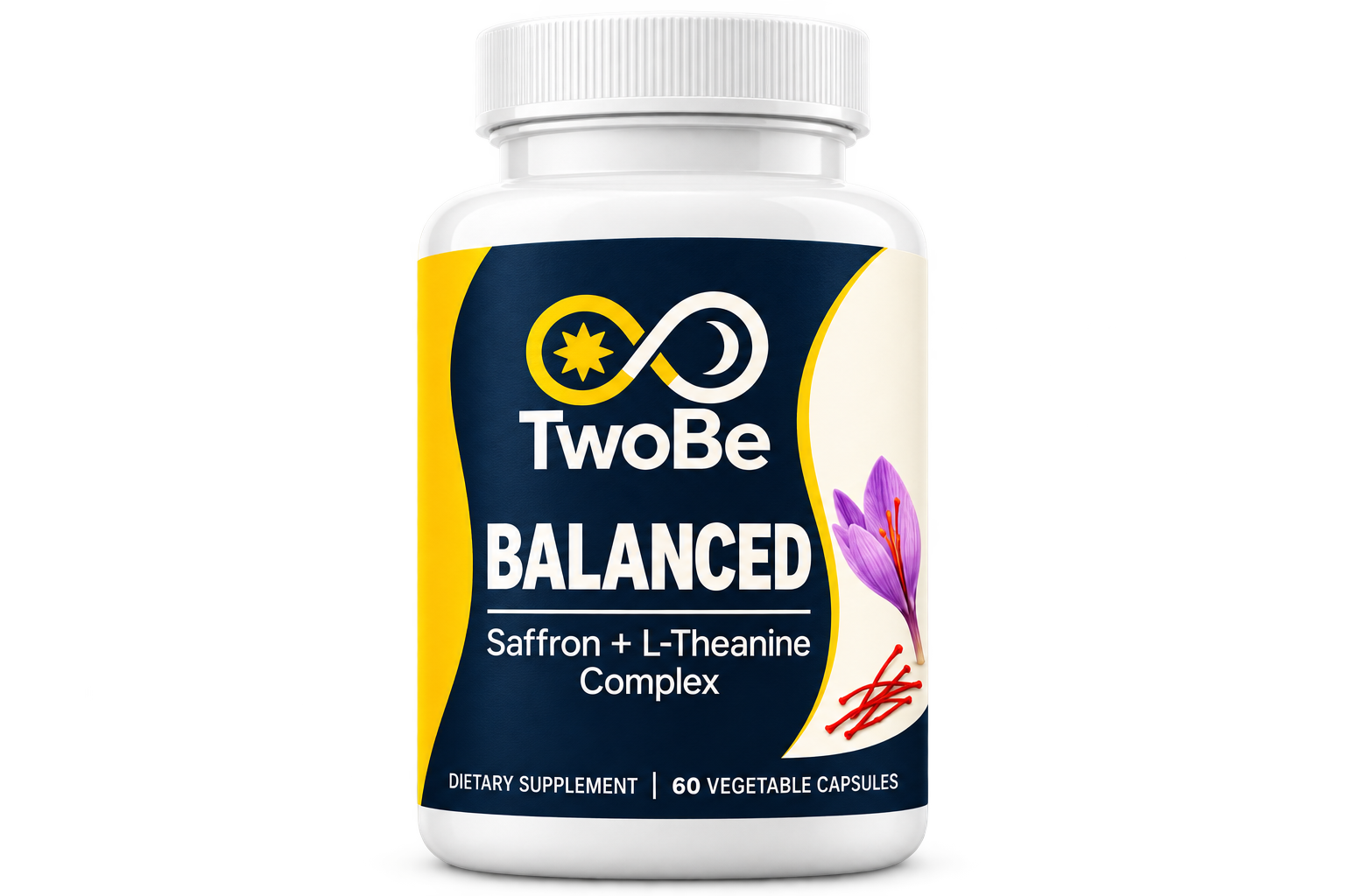 TwoBe BALANCED Saffron + L-Theanine Complex, 60 vegetable capsules, white bottle